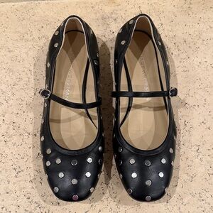 Stuart Weitzman Black Leather Studded Mary Jane Ballet Flats